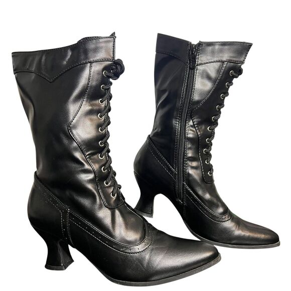 Ellie Victorian Lace Up Boots Womens Size 8 Black Side Zip Spool Heel Steampunk - Picture 2 of 14